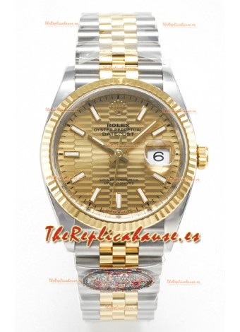 Rolex Super Clone Datejust ETA 3235 Movement 36MM Reloj Suizo Dos Tonos Oro Amarillo Dial Estriado