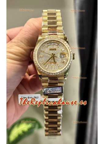 Rolex Day Date Super Clone Chapado Oro Amarillo Reloj Personalizado y Modificado con Pavimentado en Diamantes