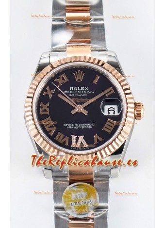 Rolex Super Clone Datejust ETA 2688 Movement 31MM Oro Rosado Dos Tonos Suizo Dial Negro