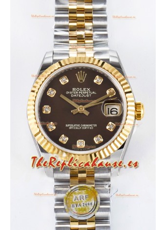Rolex Super Clone Datejust ETA 2688 Movement 31MM Oro Amarillo Dos Tonos Dial Marrón