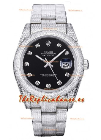 Rolex Datejust 41MM Réplica Suiza - Edición Iced Out en Dial Negro
