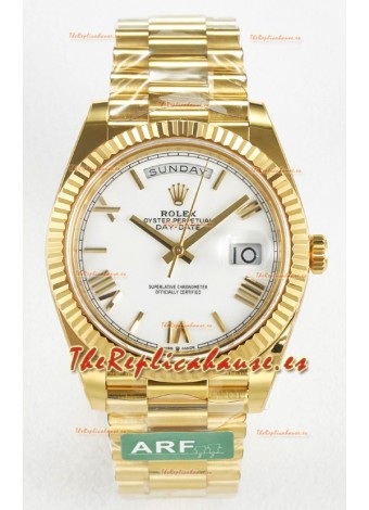 Rolex Day Date Super Clone Reloj Oro Amarillo 18K 40MM - Dial Blanco 1:1 Calidad Espejo
