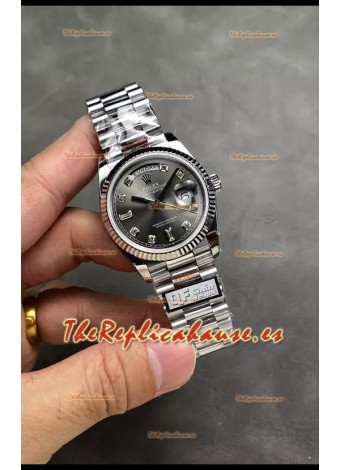 Rolex Day Date Super Clone Acero Inoxidable Dial Gris Reloj Numerales Diamantes 36MM - 1:1 Calidad Espejo