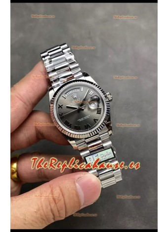 Rolex Day Date Super Clone Acero Inoxidable Dial Gris Reloj Numerales Romanos 36MM - 1:1 Calidad Espejo