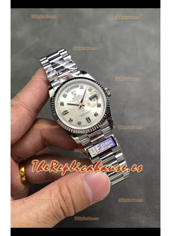 Rolex Day Date Super Clone Acero Inoxidable Dial Plateado Reloj Numerales Diamantes 36MM - 1:1 Calidad Espejo