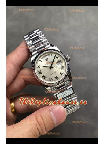Rolex Day Date Super Clone Acero Inoxidable Dial Plateado Reloj Numerales Romanos 36MM - 1:1 Calidad Espejo