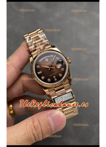 Rolex Day Date Super Clone Dial Oro Rosado  Marrón Reloj Numerales Diamantes 36MM - 1:1 Calidad Espejo