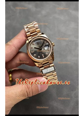 Rolex Day Date Super Clone Rose Gold Dial Gris Reloj Numerales Diamantes 36MM - 1:1 Calidad Espejo