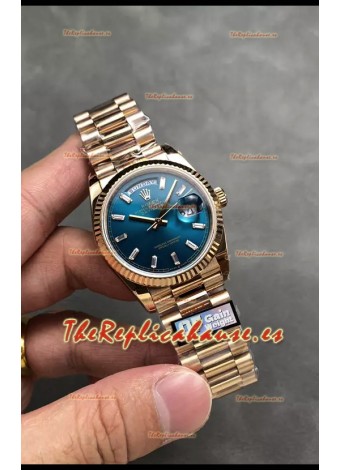 Rolex Day Date Super Clone Dial Oro Rosado Azul Reloj Marcadores Hora en Cristal 36MM - 1:1 Calidad Espejo