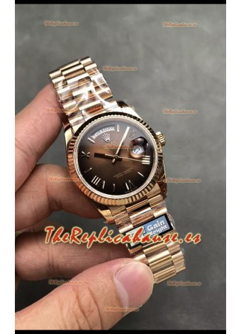 Rolex Day Date Super Clone Dial Oro Rosado  Marrón Reloj Numerales Romanos 36MM - 1:1 Calidad Espejo