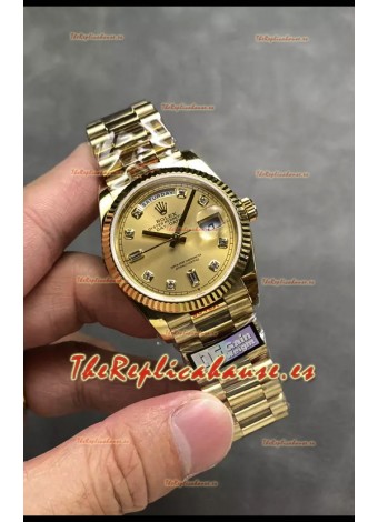 Rolex Day Date Super Clone Caja y Dial Oro Amarillo Reloj Numerales Diamantes 36MM - 1:1 Calidad Espejo