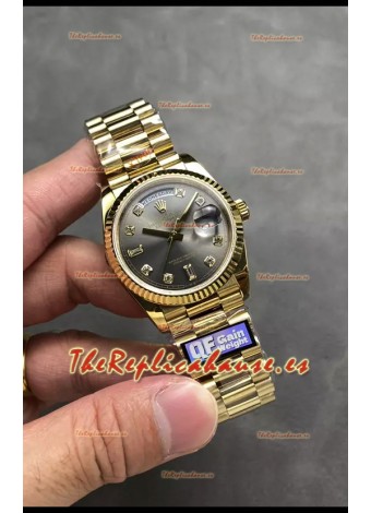 Rolex Day Date Super Clone Oro Amarillo Dial Gris Reloj Numerales Diamantes 36MM - 1:1 Calidad Espejo