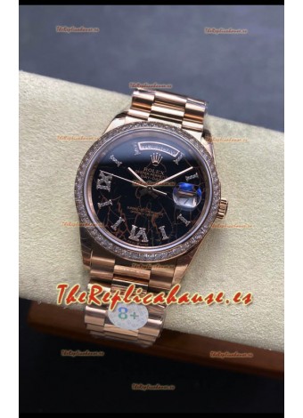 Rolex Day Date Super Clone Oro Rosado Dial Eisenkiesel Reloj Numerales Diamantes 36MM - 1:1 Calidad Espejo