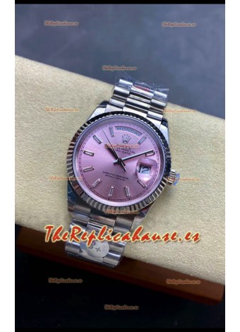 Rolex Day Date Super Clone Acero Inoxidable Dial Rosado Sunburst Reloj Marcadores Hora en Cristal 36MM - 1:1 Calidad Espejo