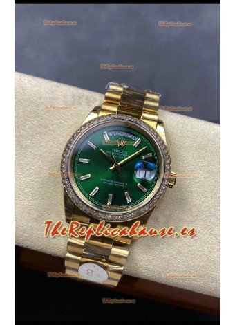 Rolex Day Date Super Clone Dial Oro Amarillo Dial Verde Reloj Marcadores Hora en Cristal 36MM - 1:1 Calidad Espejo