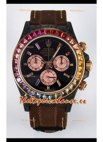 Rolex Daytona Super Clone DiW Carbon Edition Rainbow Bezel - Caja Carbono Forjado Correa Khaki Réplica Espejo 1:1