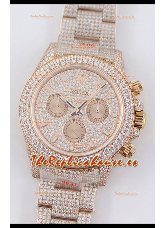 Rolex Cosmograph Daytona Oro Rosado ICED OUT Movimiento Original Cal.4130 - Reloj Acero 904L