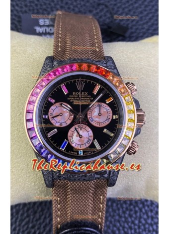 Rolex Daytona DiW Edición Carbono Bisel Arcoiris - Caja Carbon Forjado Correa Khaki Réplica Espejo 1:1