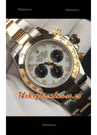 Rolex Daytona Movimiento Japonés Dos Tonos Caja de Oro Reloj en Dial Blanco 