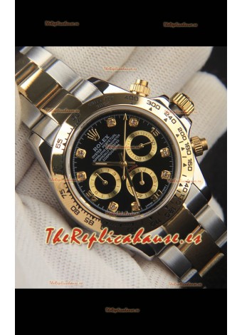 Rolex Daytona Movimiento Japonés Dos Tonos Caja de Oro Reloj en Dial Negro 