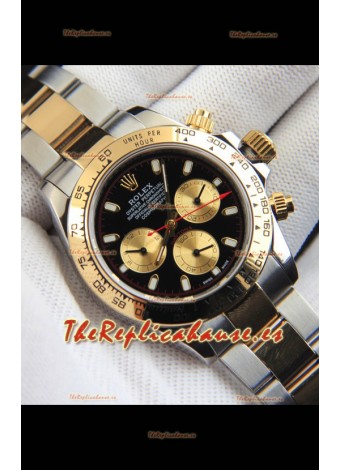 Rolex Daytona Movimiento Japonés Dos Tonos Caja de Oro Reloj en Dial Negro 