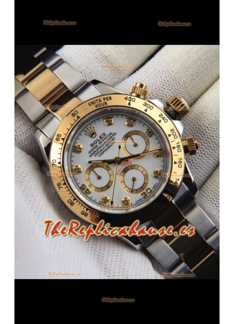 Rolex Daytona Movimiento Japonés Dos Tonos Caja de Oro Reloj en Dial Blanco 