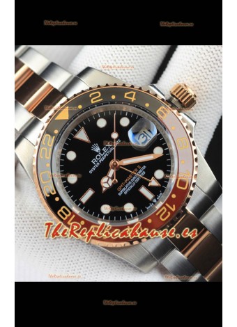 Rolex GMT Masters II 2 Tone Japonés chapado en Oro Rosado Reloj Réplica Dial Negro