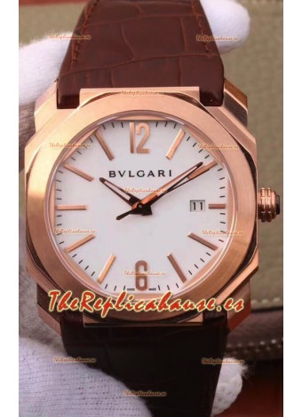 Bvlgari Octo Edición Roma Edition Reloj Réplica a Espejo 1:1 en Oro Rosado - Dial Blanco