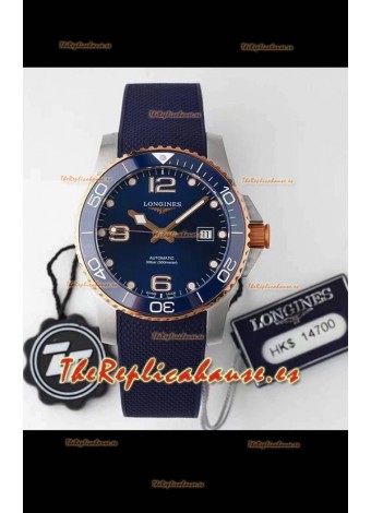 Longines HydroConquest Reloj Réplica Suizo a Espejo 1:1 Dial Azul Correa de Goma Bisel en Oro Rosado