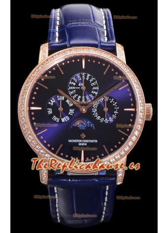 Vacheron Constantin Patrimony Perpetual Calendar Ultra-Thin Oro Rosado Dial Azul Réplica Suiza