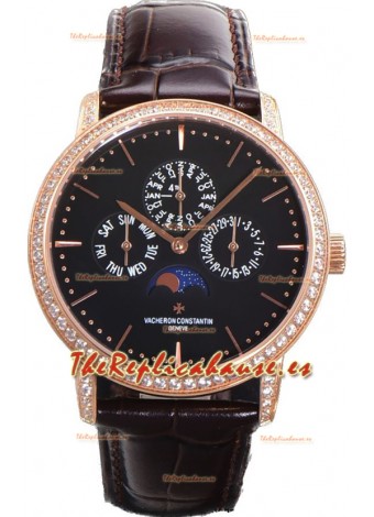 Vacheron Constantin Patrimony Perpetual Calendar Ultra-Thin Oro Rosado Dial Negro Réplica Suiza