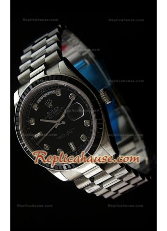Rolex DayDate Reproducción Reloj Suizo con Esfera de color Negro - Marcadores de Hora en Diamantes