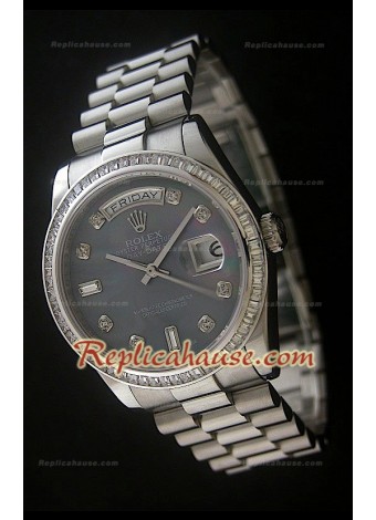 Rolex DayDate Reproducción Reloj Suizo con Esfera Perla  - Marcadores de Hora en Diamantes