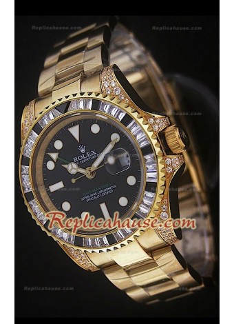 Rolex GMT Masters II Reproducción Reloj Suizo en Oro Amarillo y Diamantes