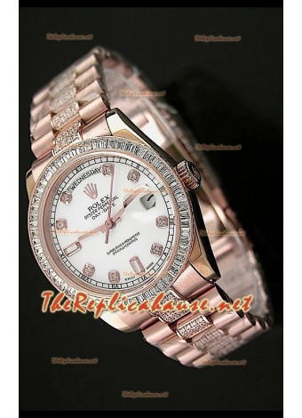 Rolex Daydate Reproducción Reloj Suizo - Reloj mediano de 37MM - Esfera Blanca Everose
