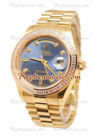 Rolex Day Date II Dial Azul Gold Reloj Suizo Bisel de diamantes 43MM