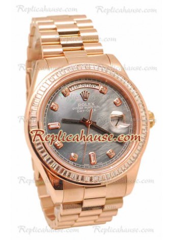 Rolex Day Date II Dial color Perla Rose Gold Reloj Suizo Bisel de diamantes 43MM