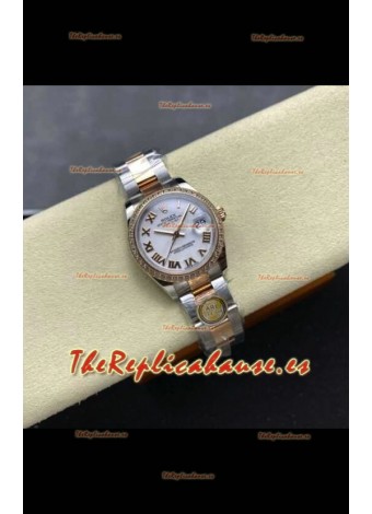 Reloj Rolex Superclon Datejust de 31 mm con esfera blanca y caja Oyster de oro rosa