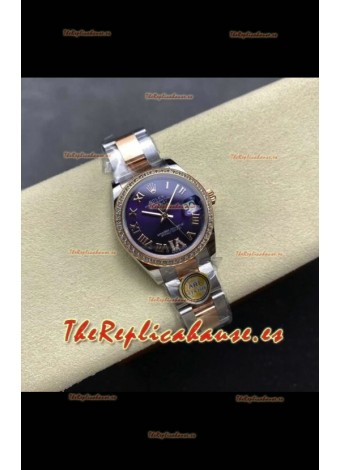 Reloj Rolex Superclon Datejust de 31 mm con esfera azul y caja Oyster de oro rosa