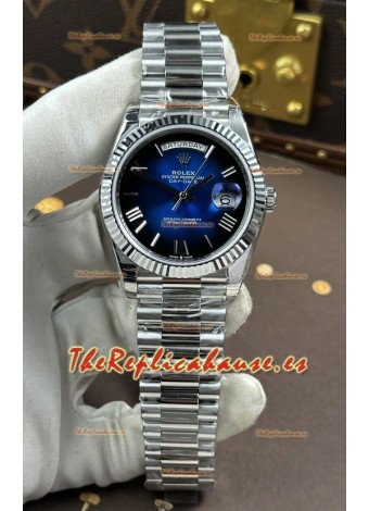 Reloj Rolex Day Date 228236 de acero inoxidable con esfera azul degradada y números romanos, réplica de alta calidad