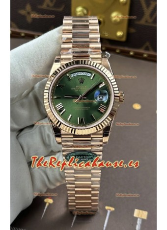 Reloj Rolex Day Date 228236 de oro rosa con esfera verde y números romanos, réplica de alta calidad