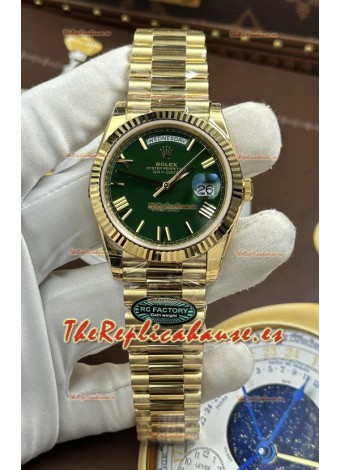 Reloj Rolex Day Date 228238 de oro amarillo con esfera verde y números romanos, réplica de alta calidad