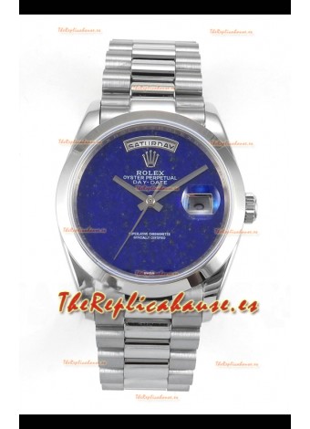 Reloj réplica suizo Rolex Day Date de acero inoxidable con esfera azul lapislázuli de 36 mm