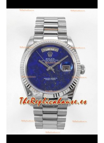 Reloj réplica suizo Rolex Day Date de acero inoxidable con esfera azul lapislázuli de 36 mm