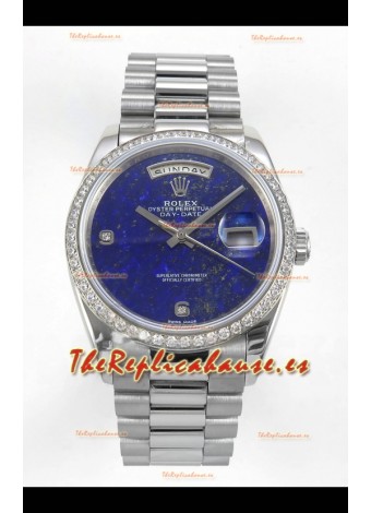 Reloj réplica suizo Rolex Day Date con esfera azul lapislázuli y bisel de diamantes de 36 mm
