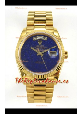 Reloj réplica suizo Rolex Day Date de oro amarillo con esfera azul lapislázuli de 36 mm