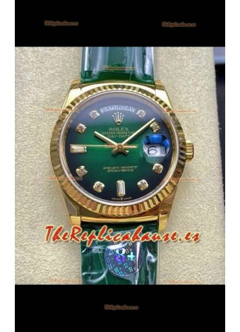 Reloj Rolex Day Date 128238 de oro amarillo con esfera verde degradada y diamantes, réplica de alta calidad