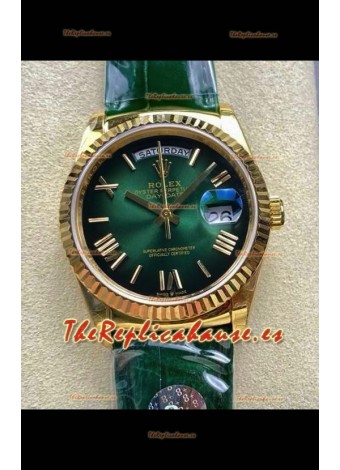 Reloj Rolex Day Date 128238 de oro amarillo con esfera verde degradada y números romanos, réplica de alta calidad