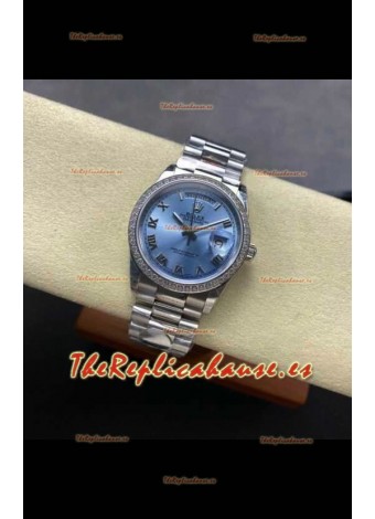 Reloj réplica suizo Rolex Day Date 128396TBR con caja de acero, esfera azul hielo con números romanos