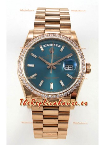 Reloj Rolex Day Date 128345, oro rosa, esfera de cristal verde, diamantes, bisel, superréplica